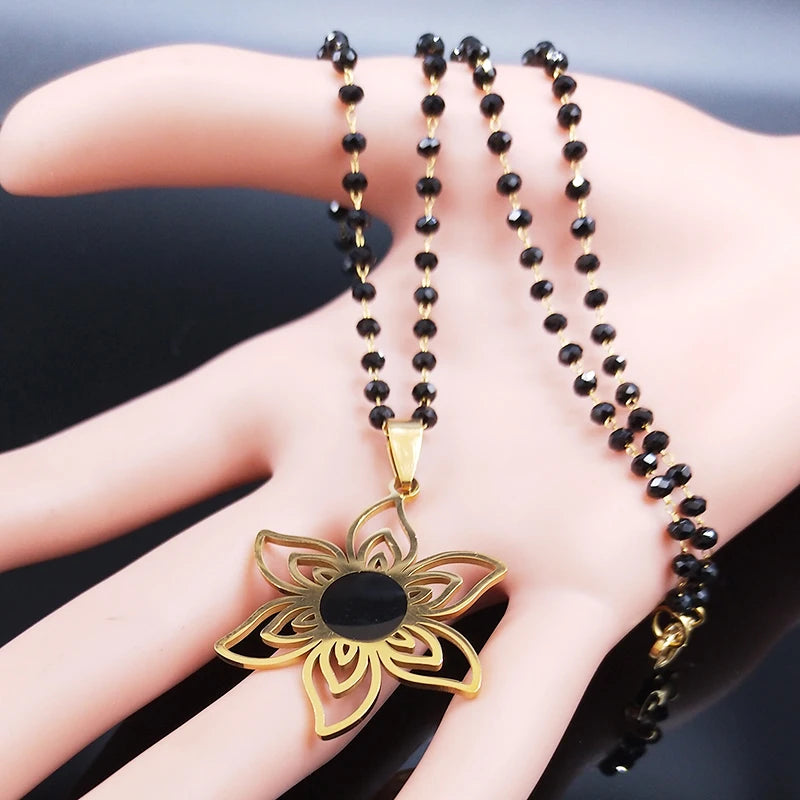 Stainless Steel Gold Color Flower Necklace for Women Black Color Glass Chain Necklace Jewerly Acero Inoxidable Joyeria N6358S03