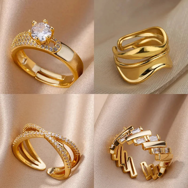 Stainless Steel round Rings for Women Zircon Geometric Gold Color Crystal Ring Aesthetic Wedding Party Jewerly Gift Bague Femme