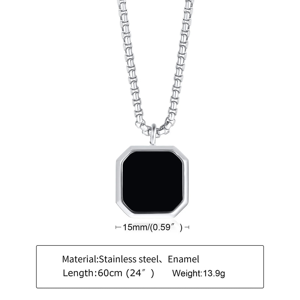 Geometric Necklace Men, Roman Amulet,Black Square Enamel Pendant,Stainless Steel Polygon Necklace, Mens Minimal Christmas Gift