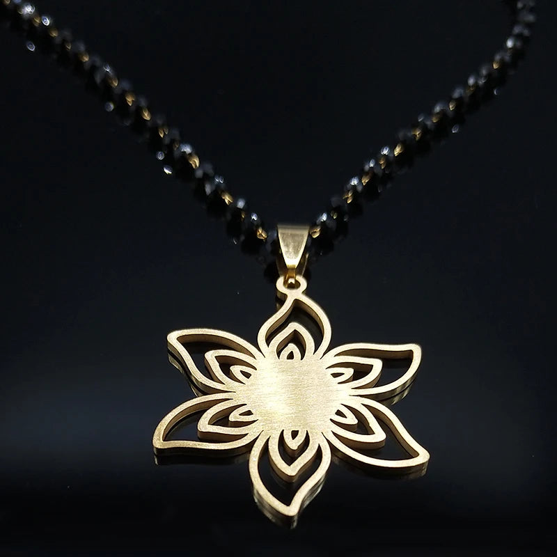 Stainless Steel Gold Color Flower Necklace for Women Black Color Glass Chain Necklace Jewerly Acero Inoxidable Joyeria N6358S03