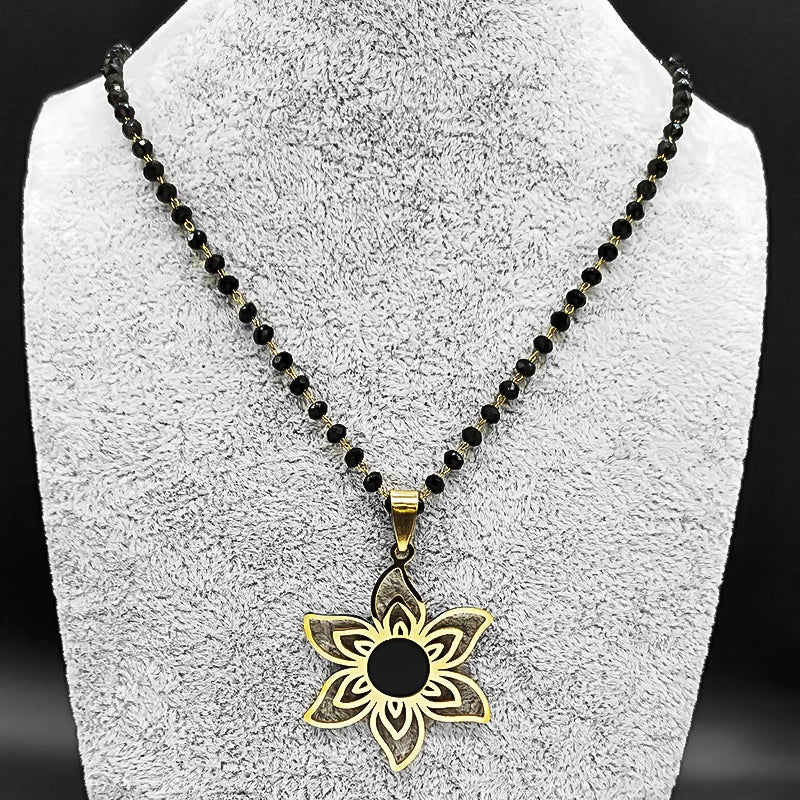 Stainless Steel Gold Color Flower Necklace for Women Black Color Glass Chain Necklace Jewerly Acero Inoxidable Joyeria N6358S03