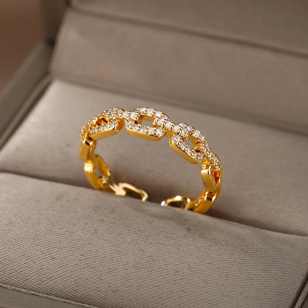 Stainless Steel Belt Rings for Women Zircon Adjustable Belt Finger Ring Femme Geometric Wedding Aesthetic Jewerly Gift Anillos