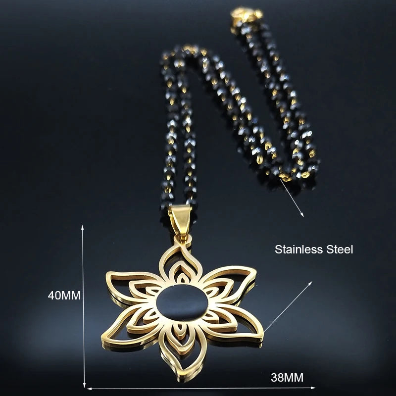 Stainless Steel Gold Color Flower Necklace for Women Black Color Glass Chain Necklace Jewerly Acero Inoxidable Joyeria N6358S03