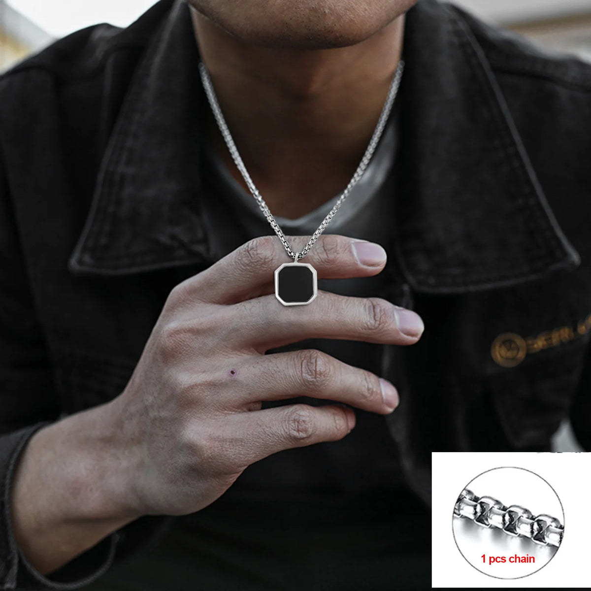 Geometric Necklace Men, Roman Amulet,Black Square Enamel Pendant,Stainless Steel Polygon Necklace, Mens Minimal Christmas Gift