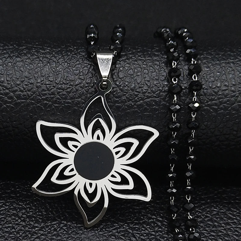 Stainless Steel Gold Color Flower Necklace for Women Black Color Glass Chain Necklace Jewerly Acero Inoxidable Joyeria N6358S03
