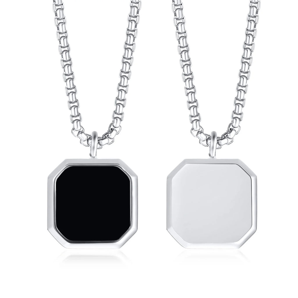 Geometric Necklace Men, Roman Amulet,Black Square Enamel Pendant,Stainless Steel Polygon Necklace, Mens Minimal Christmas Gift