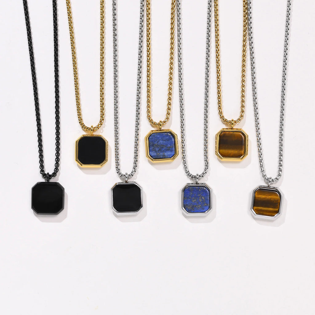 Geometric Necklace Men, Roman Amulet,Black Square Enamel Pendant,Stainless Steel Polygon Necklace, Mens Minimal Christmas Gift
