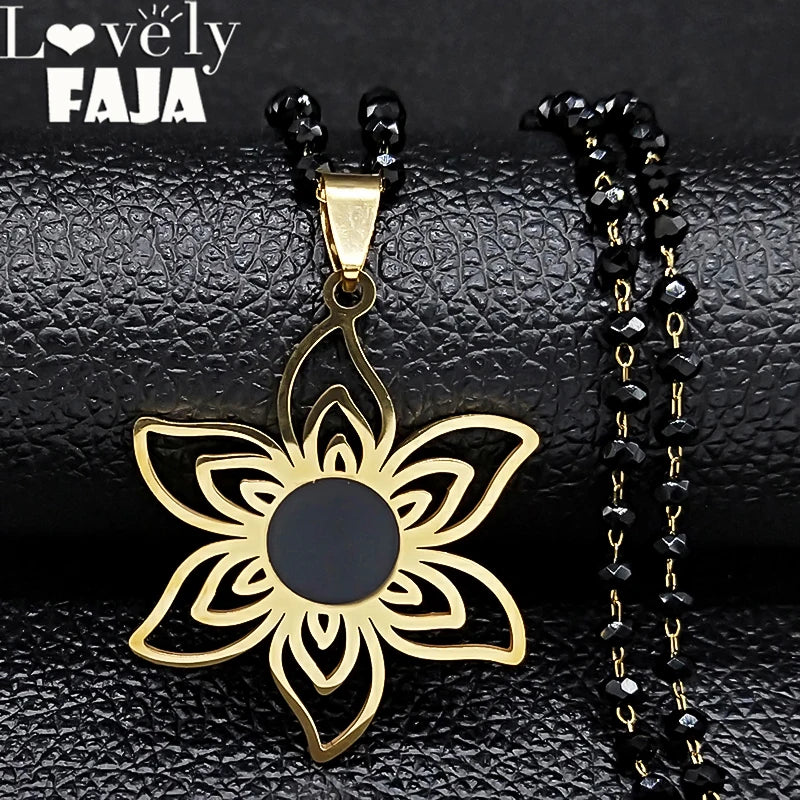 Stainless Steel Gold Color Flower Necklace for Women Black Color Glass Chain Necklace Jewerly Acero Inoxidable Joyeria N6358S03