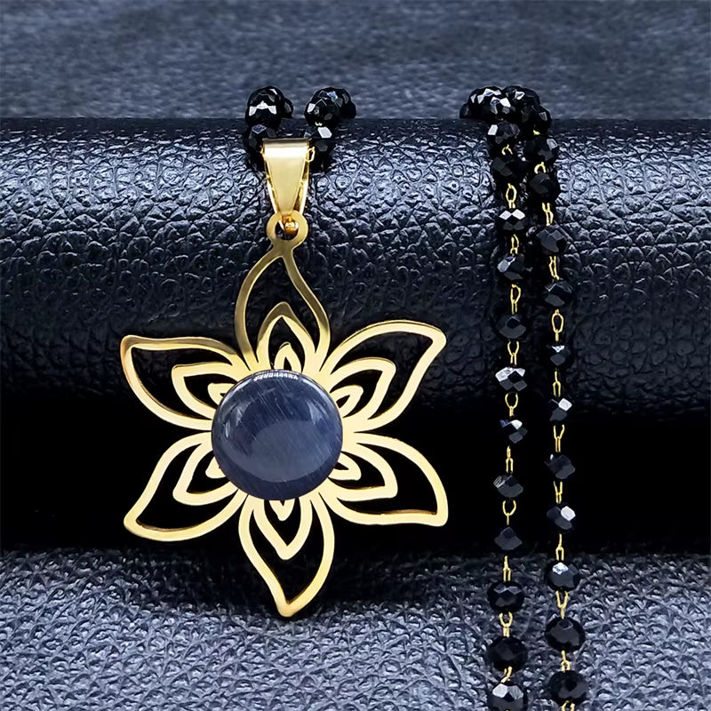 Stainless Steel Gold Color Flower Necklace for Women Black Color Glass Chain Necklace Jewerly Acero Inoxidable Joyeria N6358S03