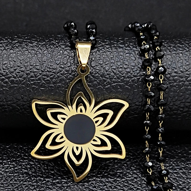 Stainless Steel Gold Color Flower Necklace for Women Black Color Glass Chain Necklace Jewerly Acero Inoxidable Joyeria N6358S03